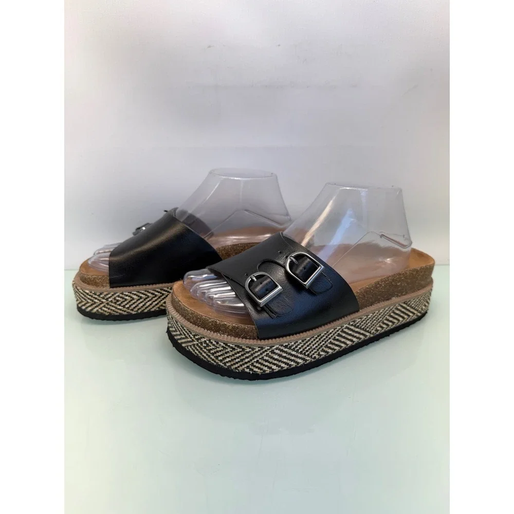 NOBO Women Size 7 Platform Slide Sandals Double Buckle Black Boho Flatform